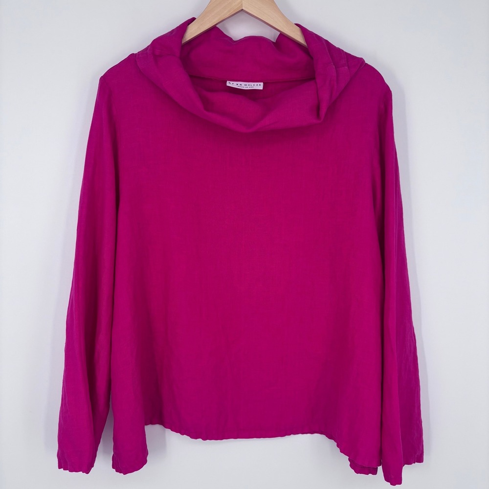 bryn Walker Linen Fuchsia Long-Sleeve Draped Neck Blouse